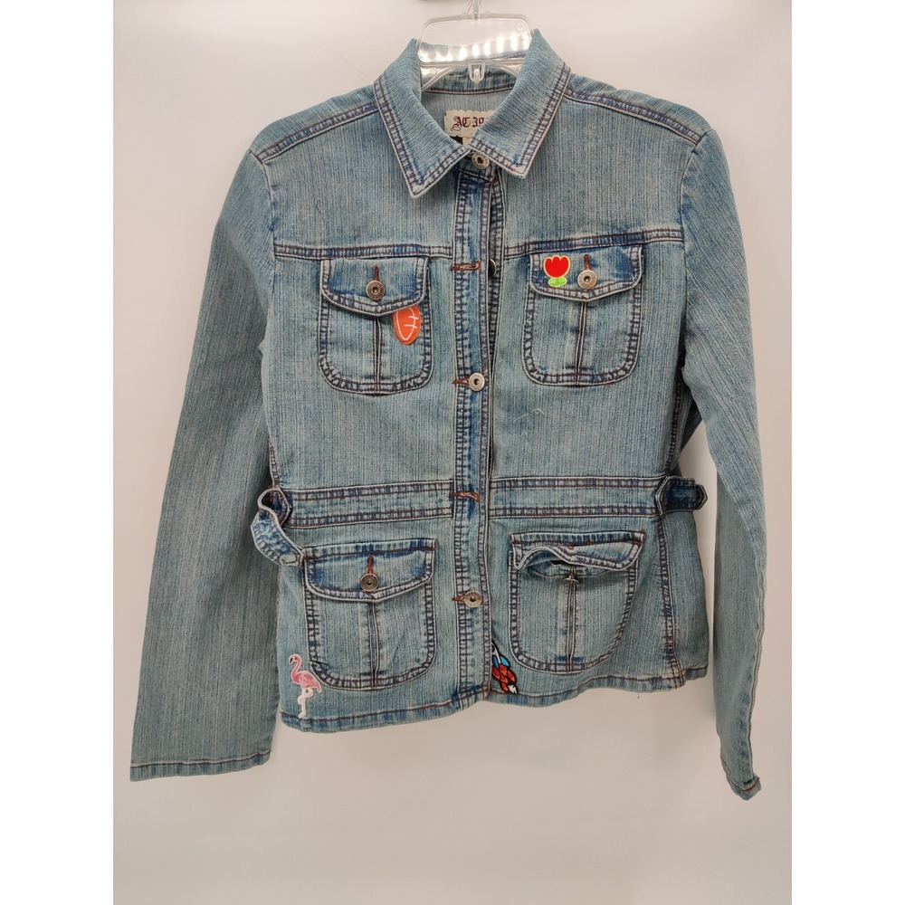 Access Jeans Light Wash‎ Denim Patch Jacket Panda Bird Flamingo Peace Blue L